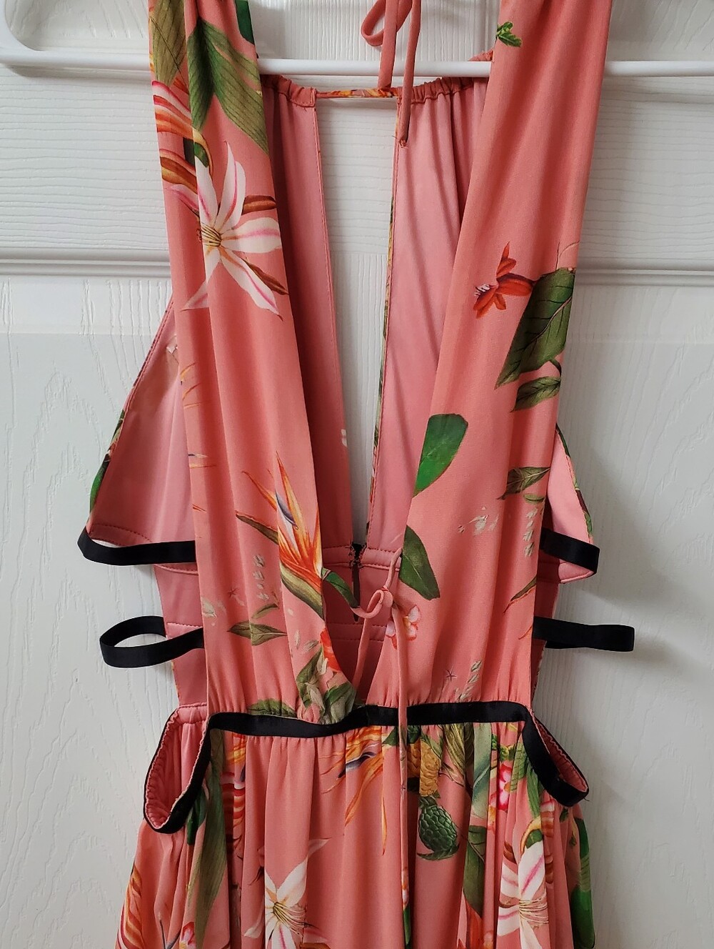 Express Pink Floral Halter Maxi Dress with Black Cut Out Waist Straps - Picture 6 of 8